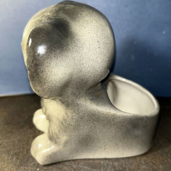 Vintage MCM Puppy DOG Ceramic PLANTER with Bow USA Speckle Gray - Picture 6 of 11